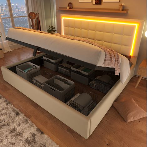 Lit capitonné moderne 140x200 cm avec tête de lit matelassée, rangement relevable, sommier à lattes, LED, PU blanc (1/5)