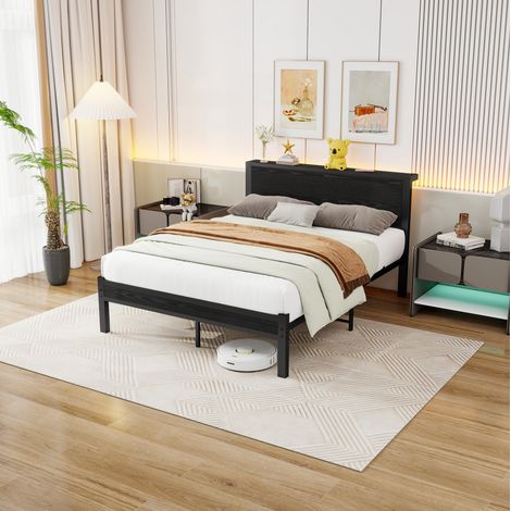 Cama individual 120x200 cm con cabecero y almacenaje bajo la cama, estructura de metal, negro (1/5)