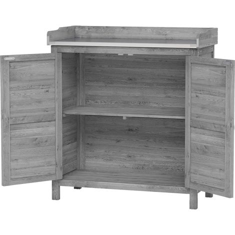 Armoire de jardin avec table de rempotage, abri à outils en bois avec plan de travail galvanisé et 2 étagères, gris (1/5)