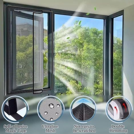 Fenster-Moskitonetz 150x200cm Schwarzes Fiberglas-Moskitonetz Kann geklebt und ohne Bohren montiert werden zum Insektenschutz (1/4)