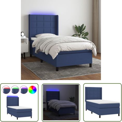 The Living Store Sommier à lattes de lit matelas et LED Bleu 90x200 cm Tissu - Sommier Tapissier - Lit Avec Led - Matelas À Ressorts Ensachés - Têted Lit Ajustable - Éclairage LED (1/5)