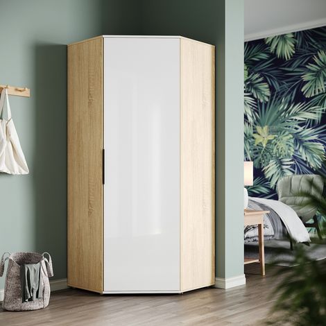 ELEGANT Corner Wardrobe Modern White/Oak High Gloss Wardrobe 80x80x186cm Bedroom Closet Storage, Space Saving Design with 2 Hanging Rails and 5 Storage Shelves.