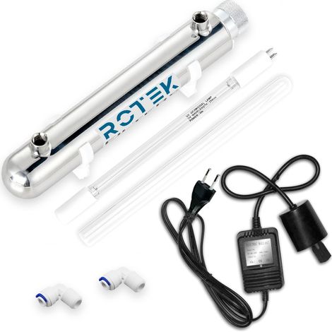 Rosmmel – Stérilisateur UV ROTEK 12W – Acier inoxydable 304 – Débit 226L/h – Élimine 99.9% bactéries – Pour aquariums et eau de pluie
