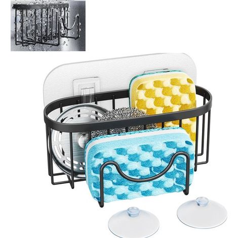 Organiseur d'évier 2 en 1 en acier inoxydable, support pour éponges et brosses avec 2 tampons adhésifs, sans perçage, noir (1/5)