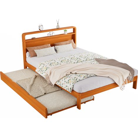 Letto 140x200 cm con letto estraibile 90x190 cm, letto matrimoniale salvaspazio in legno chiaro con testiera arrotondata, ideale per ospiti  CHICFURN (1/5)