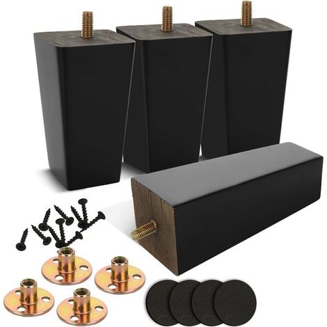 Set mit 4 Holzmöbelfüßen 15 cm Schwarz Vorgebohrte Schrauben Montageplatten Gummikappen und Schrauben Für Sofa, Bett, Schrank, Hocker (1/5)
