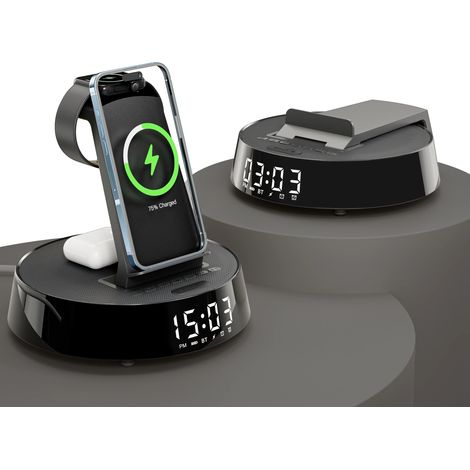 (Noir) Réveil intelligent avec chargement sans fil, haut-parleur Bluetooth, radio et lumière à intensité variable. (1/5)