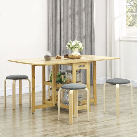 Set mit 4 stapelbaren runden Holzhockern mit gepolsterter Sitzfläche für Küche, Esszimmer, Schlafzimmer, Grau