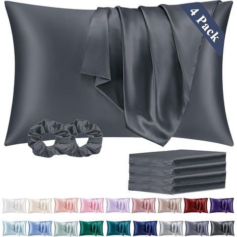 Taie Oreiller Satin 50x75 Lot de 4,pour Cheveux,Similaire Aux Taie d Oreiller en Soie,Housse de Coussin 50x75,Taies d'oreillers certifié Oeko-Tex Gris Foncé & 2 Satin Chouchous (1/5)