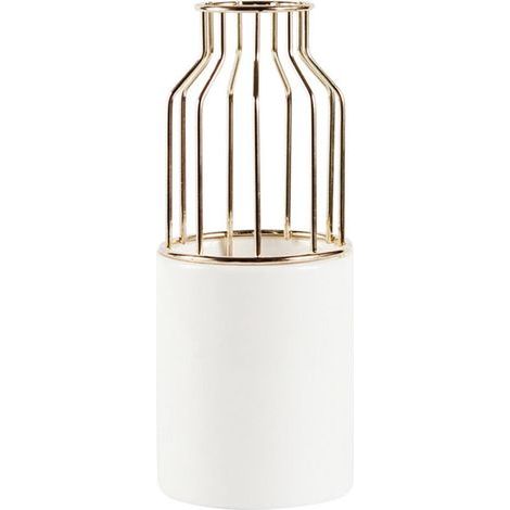 Un vase en céramique blanche et fer forgé, pot de fleurs de table avec support en fer, petit pot de fleurs, idéal pour la décoration de mariage, doré. (1/5)