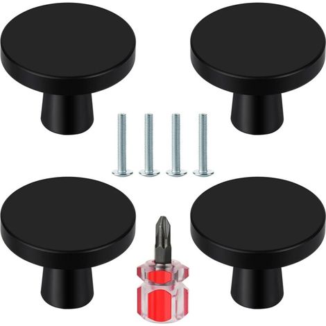 Lot de 4 poignées de meuble noires, boutons ronds pour armoires et tiroirs, poignées de porte de cuisine pour commode, placard et autres meubles, avec tournevis inclus