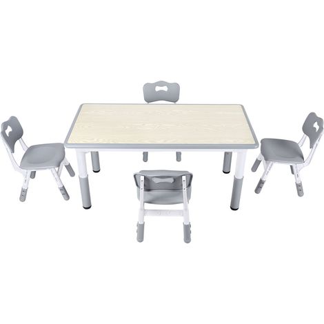 Jiubiaz Tavolo per bambini con 4 sedie regolabili in altezza, 120 x 60 cm, piano grigio effetto legno lavabile (1/5)