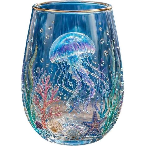 Verre à vin sans pied imprimé 3D motif animal bord doré, verre à whisky cristal transparent décoratif pour cocktails, cafés glacés, cadeau méduse (1/5)