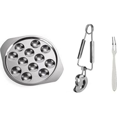 1 set of 12-hole stainless steel snail plate with snail tongs and fork