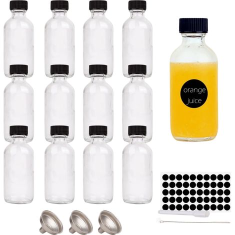 Lot de 12 Mini Bouteilles en Verre 60ml avec Bouchons, Entonnoirs Inox, Étiquettes et Brosse, Petits Flacons Hermétiques Réutilisables pour Jus, Huile, Smoothies, Voyage et Bar (1/5)