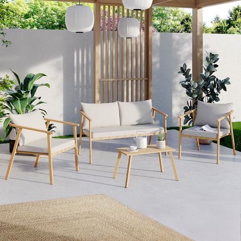 Conjunto de muebles bajos de jardín MALTA, 4 plazas, estructura metálica efecto madera, listones y cojines beige