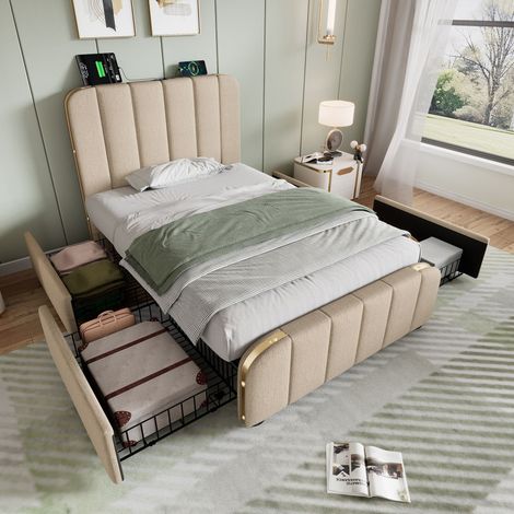 90x200 cm Letto singolo imbottito con finiture dorate e unità di ricarica USB Type-C, lino beige (1/5)