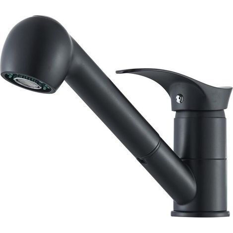 Robinetto da cucina nero, miscelatore monocomando con doccetta estraibile, girevole a 360° per montaggio a un foro, 2 modalità di spruzzo, in ottone (1/4)