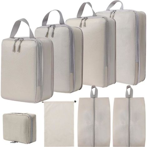 Lot de 8 cubes de compression de voyage ultra-légers, organiseurs de bagages pour valise et sac à dos, style beige 3 (1/5)