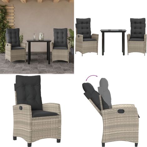 Ensemble à manger de jardin 3pcs coussins gris clair poly rotin - Chaise de jardin - Table de jardin (1/5)