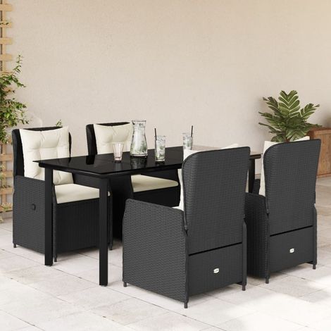 Ensemble de Jardin 5 Pièces en Résine Tressée Noir avec Coussins Détachables, Table en Verre Trempé 160x80 cm (1/5)