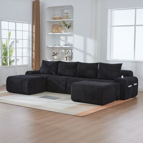 Sofá modular de tela negra 333x174x80 cm con 2 pufs para salón amplio - MEUBLIV (1/5)