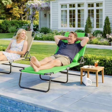Transat avec ouverture pour le visage et coussin, pliable, housse déperlante, structure en métal, vert (1/5)