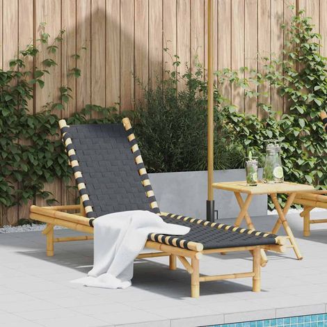 Sonnenliege mit schwarzem gewebtem Gurtband 55x200x30 cm Bambus
