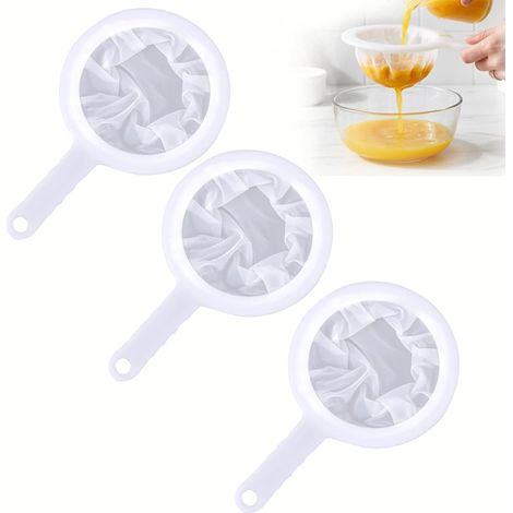 3 Pièces Filtre Alimentaire pour Entonnoir de 15 cm, Tamis Cuisine en Nylon 100/200/400 Mailles, Passoire Fine Plastique avec Poignée pour Filtrer Huile, Café, Jus et Vin, Blanc (1/5)
