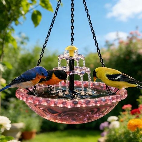 Bain d'oiseaux suspendu avec fontaine solaire – Abreuvoir pour oiseaux sauvages – Décoration pour terrasse et jardin – Avec espace pour insectes – Rose (1/5)