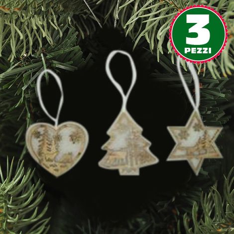 3 Appendini Natale In Legno e Ovatta Forma Stella Albero Cuore Con Scenario 16cm (1/3)