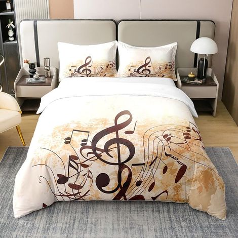 Housse de couette 100 % coton Motif notes de musique 155 x 220 cm Style rétro Pour enfant et adulte Style grunge Avec fermeture éclair Marron (1/5)