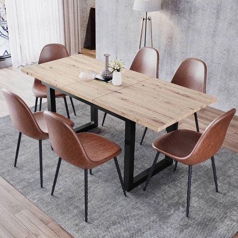 Table à manger extensible 140180 x 80 x 75 cm style industriel, rectangulaire, mdf chêne et pieds métal noirs (1/5)