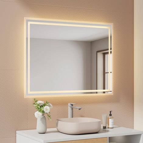 Miroir de Salle de Bain avec lumière LED, 80 x 60 cm, lumière Blanche Chaude 3000 K, Miroir Mural avec éclairage, Horizontal/Vertical, IP44, économe en énergie. (1/5)