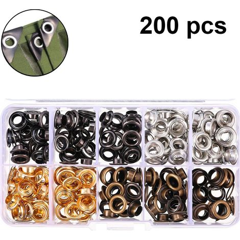 Kit de 200 œillets comprenant une pince à œillets, des œillets pour bâches, des œillets de 6 mm, des rondelles, un poinçon et des œillets à riveter pour chaussures en cuir, bâches, tissus, papier et a