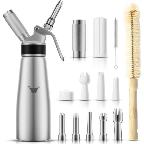 Aluminum Whipped Cream Dispenser, 500ml/1 Pint Box with 8 Decorating Nozzles and Cleaning Brush, Cream Siphon Should Use N2O Chargers (Note (1/5)