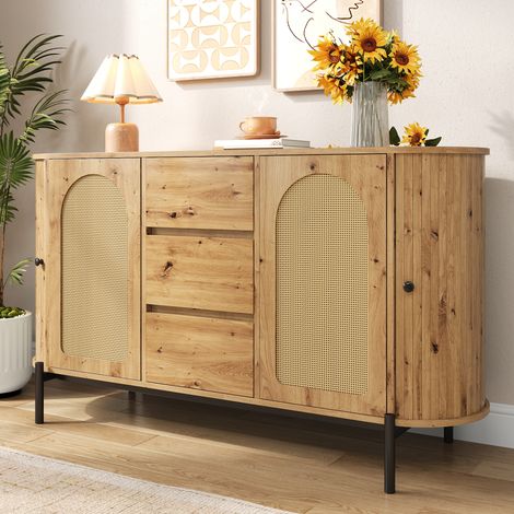 Buffet ovale 140 cm, avec 2 portes coulissantes en rattan, 3 tiroirs et étagères ajustables, design bois et pieds en métal, meuble de rangement pour salon et cuisine - Couleur chêne