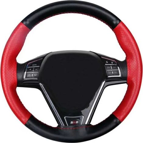 (40 cm NOIR ET ROUGE) Housse de volant en cuir véritable souple et antidérapante, 100 % cuir de vachette tressé avec fil à aiguilles (1/5)