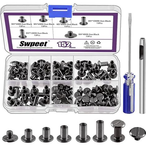 152pcs M5x5mm, 6mm, 8mm, 10mm, 12mm Gun Black Screws Leather Rivets with Hole Punch and Screwdriver, Round Flat Head Double Head Studs for DIY Leather Craft (1/5)
