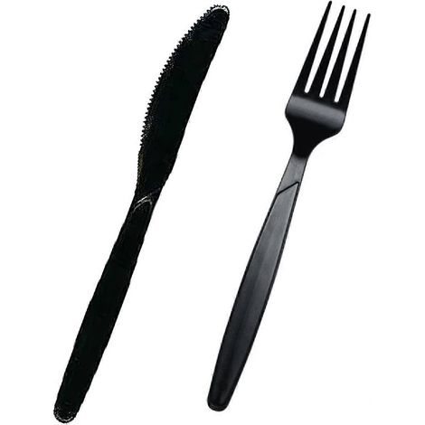Ensemble de 200 couverts en plastique noir de qualité supérieure 100 fourchettes + 100 couteaux Couverts réutilisables et résistants en plastique, parfaits pour les fêtes et les repas quotidiens. (1/5)