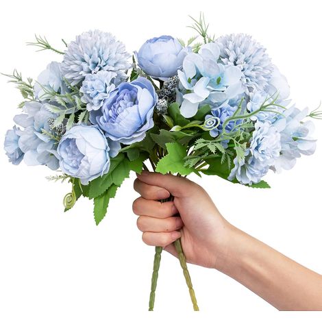 Lot de 2 bouquets de pivoines artificielles en soie bleu clair, hortensias, œillets et marguerites en plastique, compositions florales réalistes pour décoration de table de mariage. (1/5)