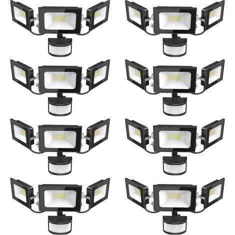 Projecteur LED Détecteur de Movement - 50W 5000LM Ultra Lumineux 3 Tête Spot LED Extérieur, IP65 Etanche Éclairage de Sécurité Extérieur PIR pour Cour Porche Jardin Garage, 8 Pack