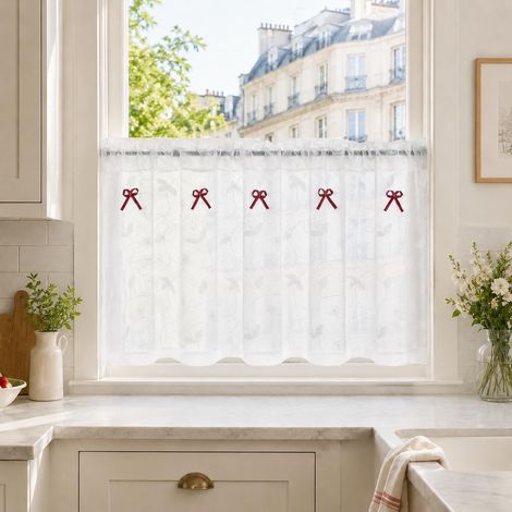 Voilage - 1 Panneau - Coton Blanc - Feuilles Brodées - Cuisine Salle À Manger - 140x60cm (1/5)
