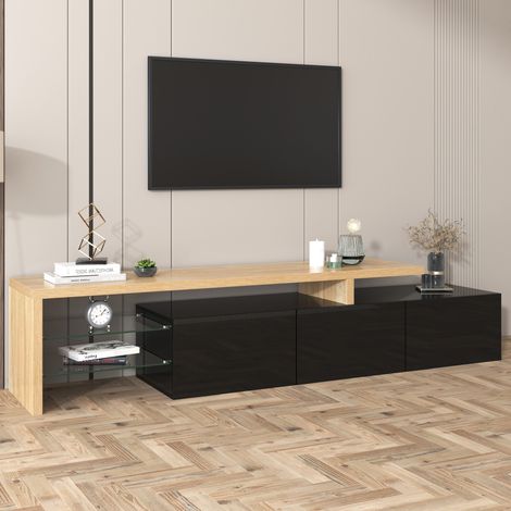 URBAN MEUBLE Design de meuble TV moderne noir brillant aspect bois éclairage LED avec 3 portes battantes et étagères en verre rangement 197.5x39x42cm (1/5)