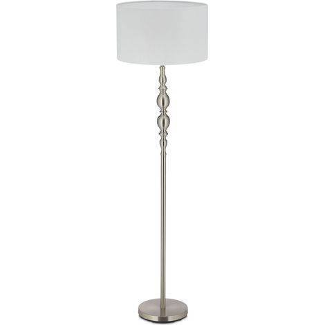 Relaxdays Stehlampe Wohnzimmer, E27, mit Kabel, Stoff Lampenschirm Ø 43 cm, Vintage Stehleuchte 155 cm hoch, weiß-silber