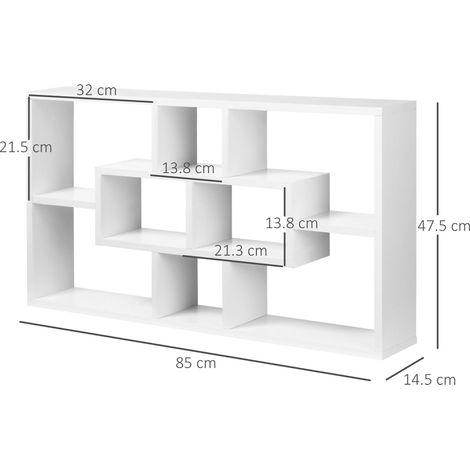 Bibliothèque murale à 8 compartiments de 3 tailles différentes, étagère murale avec système anti-basculement, panneaux en aggloméré blanc, 85 x 14,5 x 47,5 cm, capacité : 20 kg (1/5)