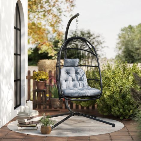 Silla Colgante Huevo con Soporte con Cesta Plegable Cojín y Reposacabezas para Interior y Exterior Carga 150 kg Gris