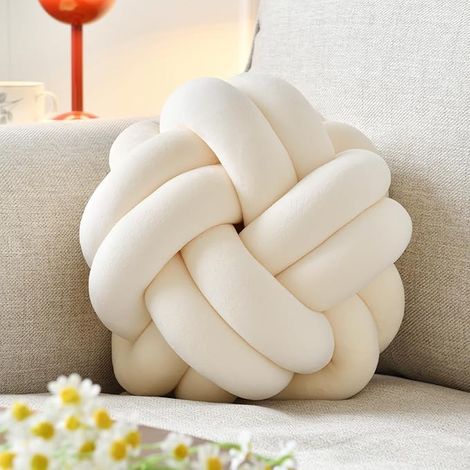 Coussin Boule Noué, Coussin Décoratif Rond en Peluche Douce Beige, 20 cm, Housse Amovible, Oreiller Nœud Moderne pour Canapé et Chambre, Lot de 1 (1/5)