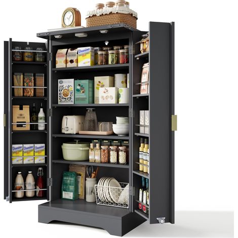 Küchenhochschrank schwarz mit LED-Sensorlicht, Gewürzregal und verstellbaren Regalböden, Doppeltür Küchenschrank 120 x 60,5 x 40 cm