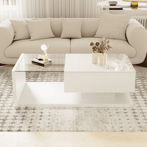 Table basse LED 105 x 55 x 32,5 cm, 1 tiroir et plateau verre trempé, éclairage 16 couleurs, salon, blanc brillant (1/5)